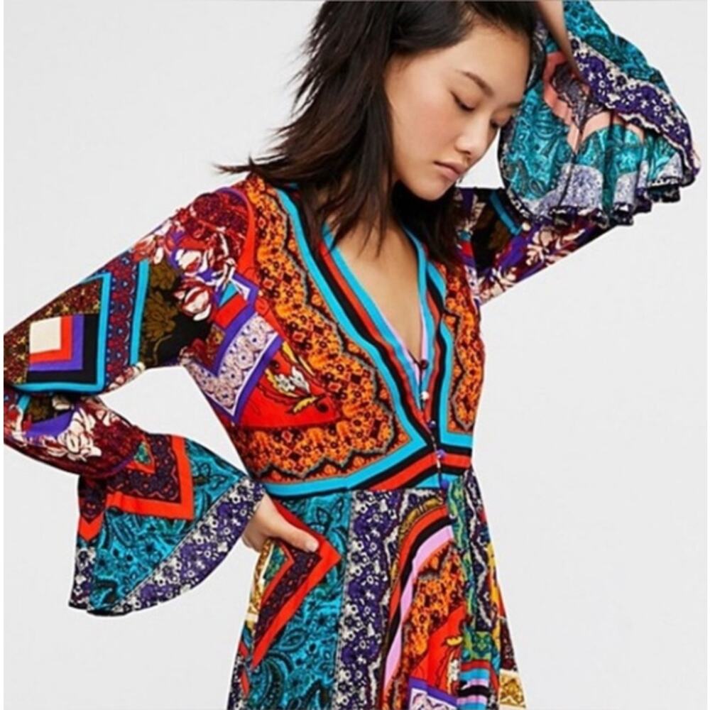 Free People Over The Rainbow Button Hi Low Midi Dress Kimono Handkerchief Small - Picture 2 of 8